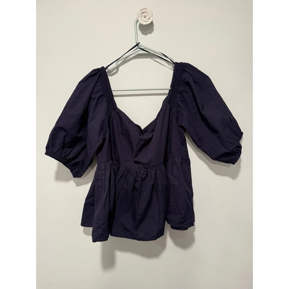 Free People Navy Blue Cotton Puff Sleeve Boho Babydoll Cropped Blouse Medium